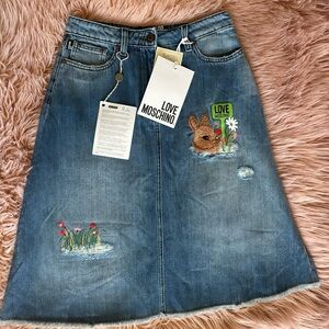 Moschino Denim Skirt with Rabbit and Floral Embroidery